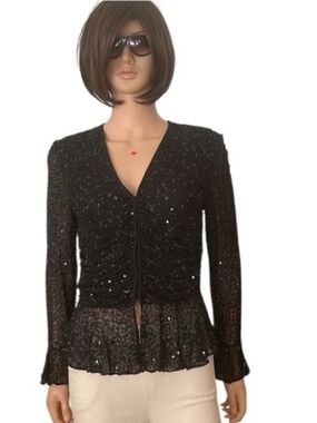 Marina By Marina Bresler Black Sequin & Beaded V-Neck Ruched Women's Blouse